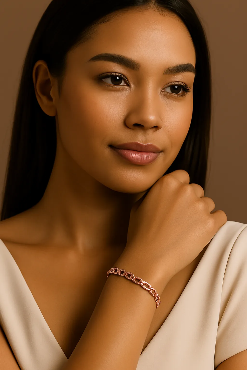 Eine Frau mit Roségoldene  Armbänder